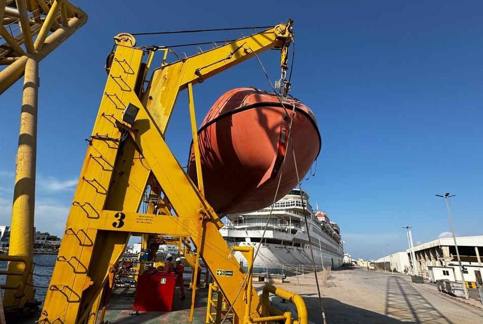 Lifeboat inspection and service operations aboard a vessel